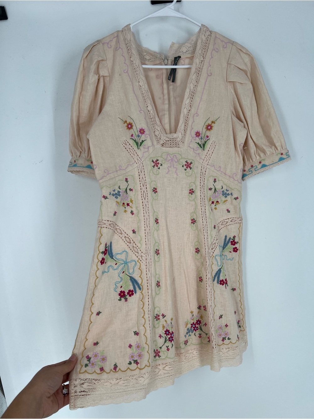 Anthropologie Pink Floral Embroidered Linen Blend V Neck Mini Dress 6 NWOT - Picture 5 of 11